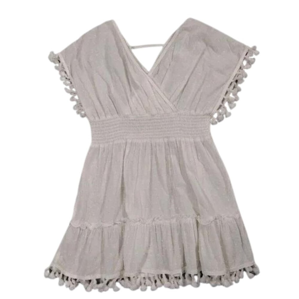 White Boho Top Blouse Fringe  Elastic Waist Beach Clothing Culture Kitch  Sz L
